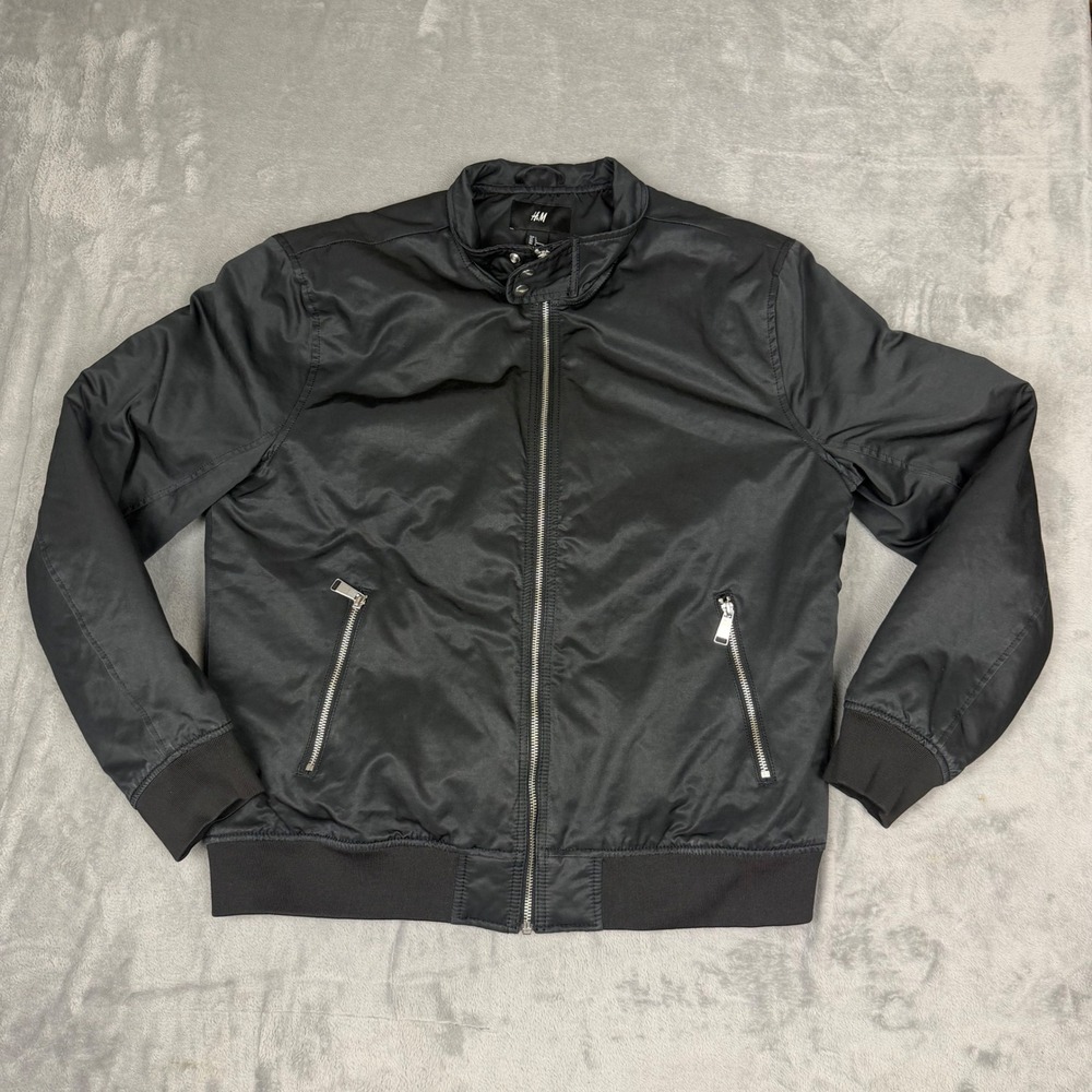 HM Bomber Jacket Mens Large Black Full Zip Padded Quilted Lining Stand Collar